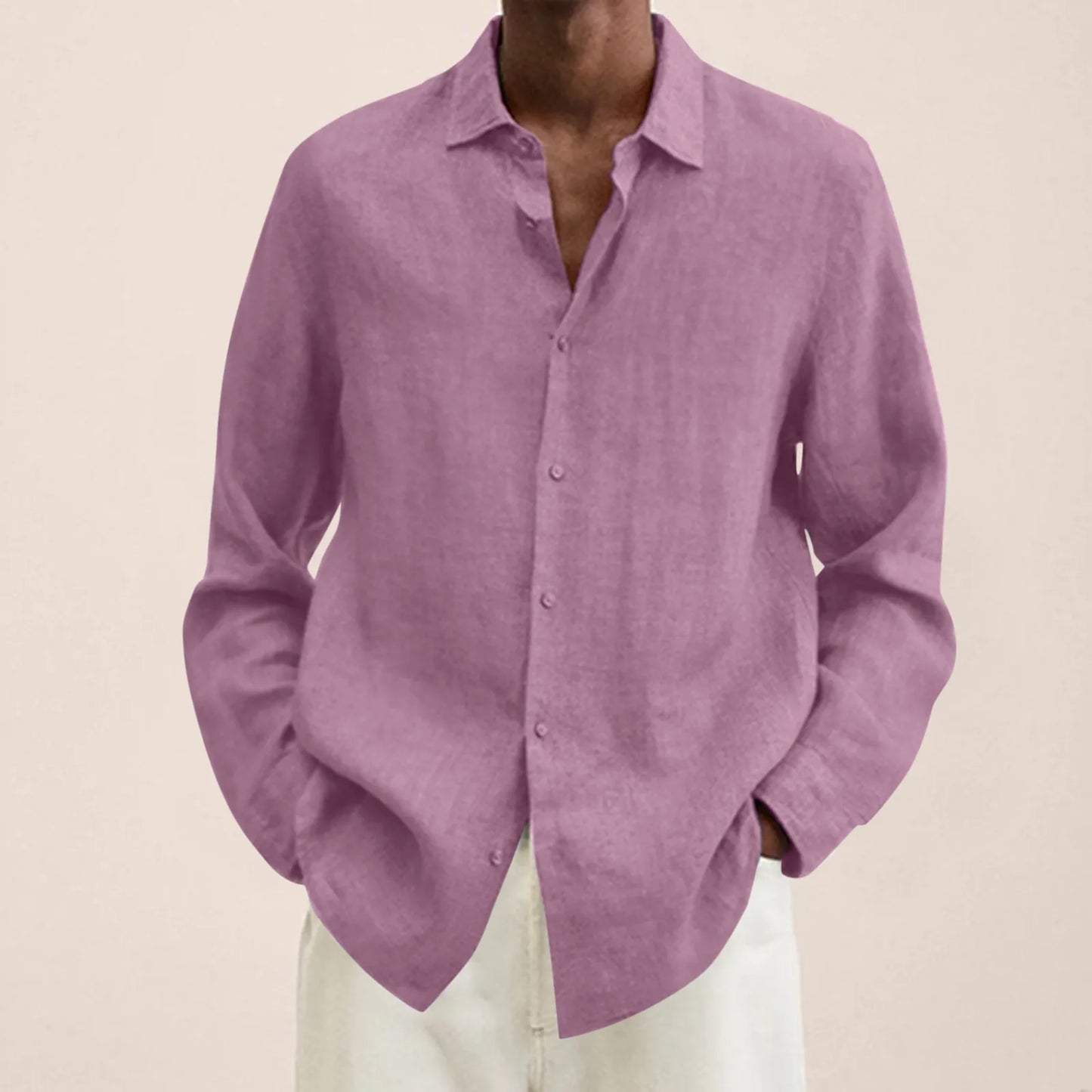 Men Shirts Loose Linen Solid Long Sleeve Turn-Down