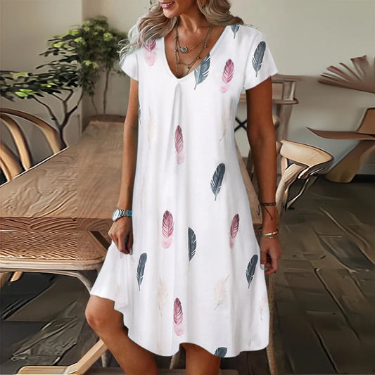 Short Sleeve V-Neck Feather Print Women Summer Clothing