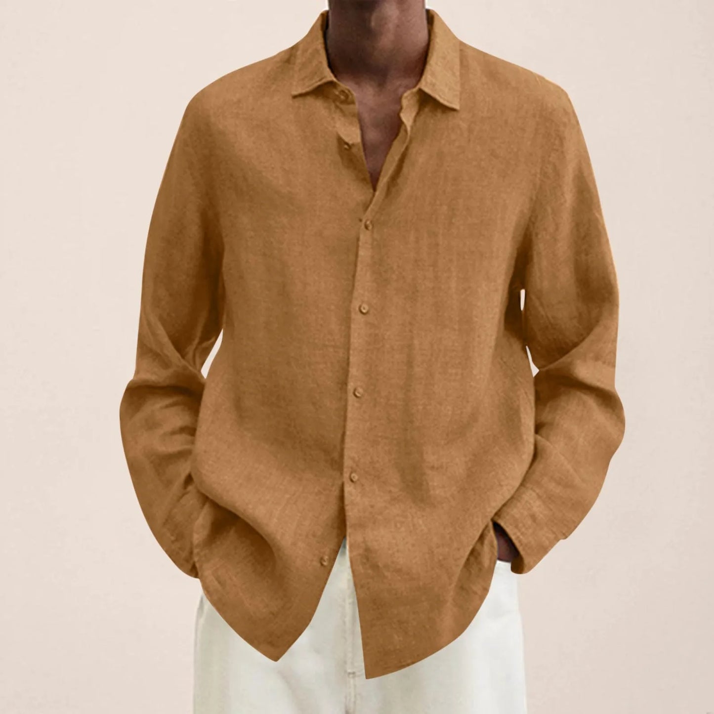 Men Shirts Loose Linen Solid Long Sleeve Turn-Down