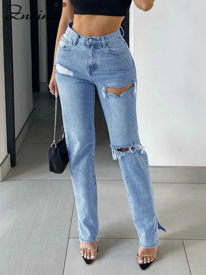 Baggy Cargo Jeans Women High Waist Straight Ripped Split Streetwear