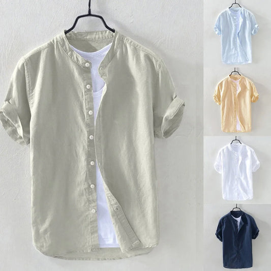 Men's Casual Blouse Cotton Linen Shirt Loose Tops Short Sleeve Tee Shirt